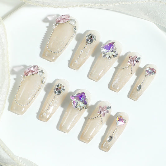 Fairy Tale Elegance Long Coffin Beige Press On Nail Set with Sparkling Gem Accents