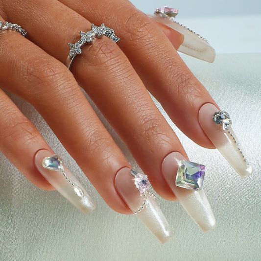 Elegant Bridal Collection Long Coffin Shimmering White Press On Nails with Crystal Embellishments