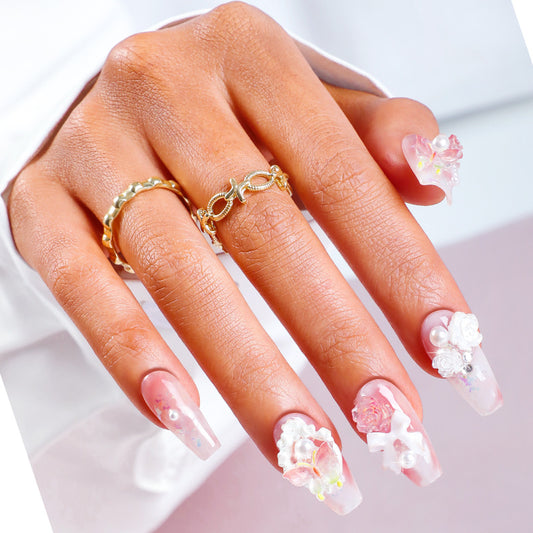 Blossoming Romance Long Coffin Pink Press On Nail Set with Floral Embellishments and Pearls
