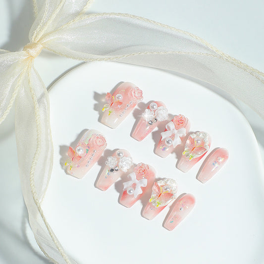 Whimsical Garden Long Coffin Pink Press On Nail Set with Floral Embellishments and Pearls
