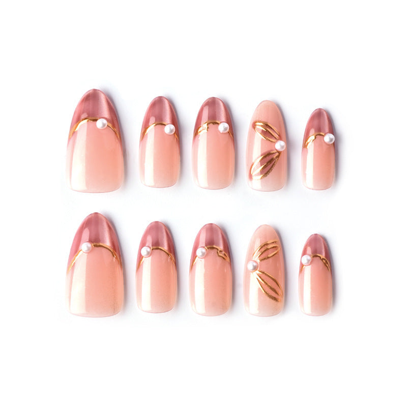 Enchanting Elegance Long Almond Pink Gradient Nails with Golden Accents and Charming Pearls