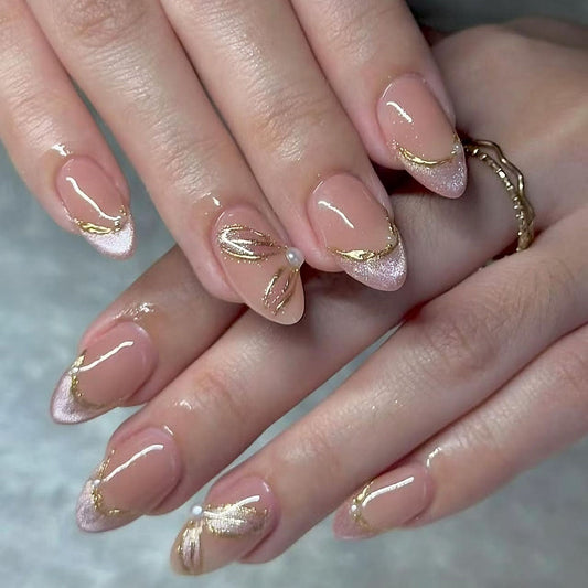 Gilded Dreams Long Almond Shaped Pink and Gold Press On Nail Set with Elegant Detailing