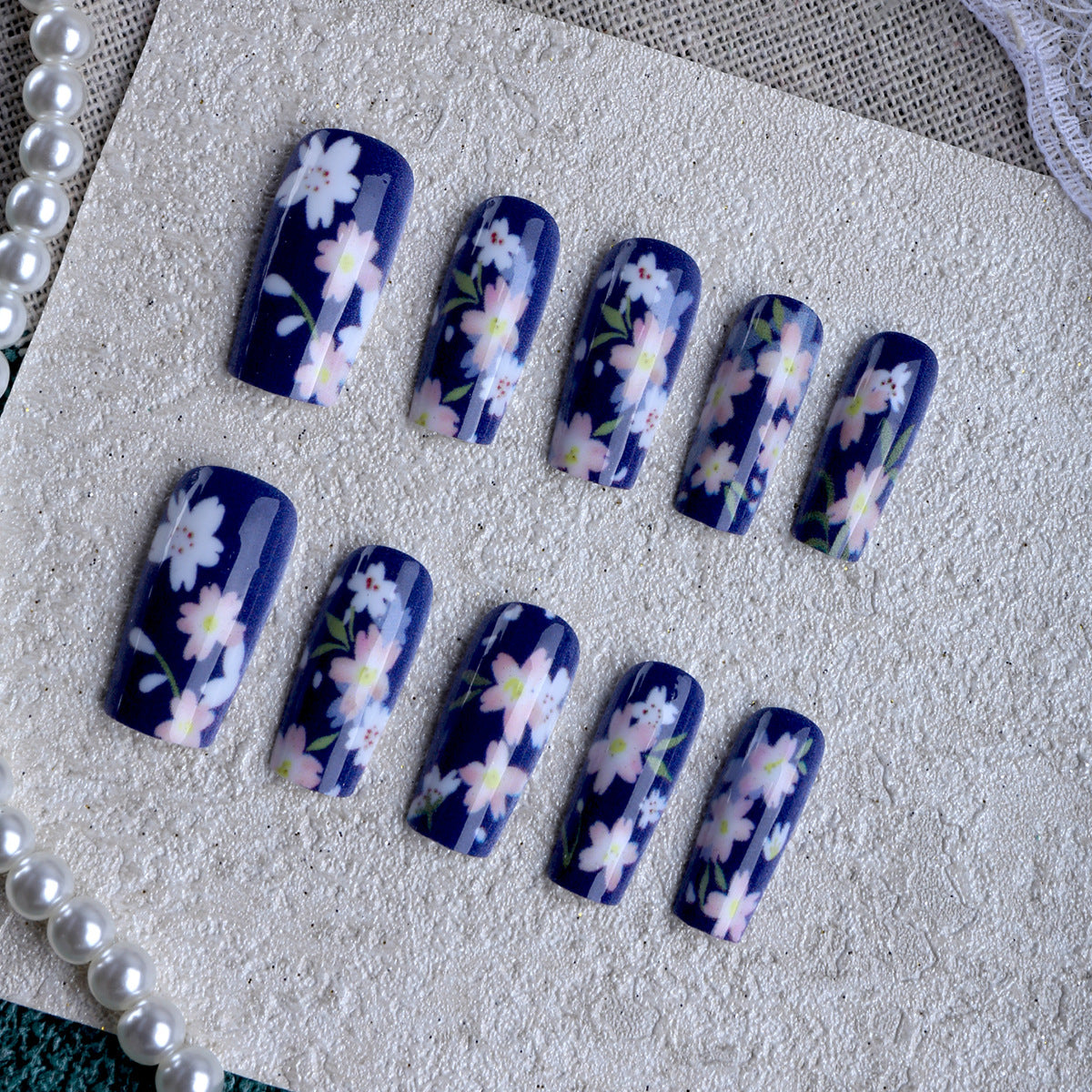 Elegant Floral Charm Long Square Navy with Delicate Blossom Design Press on Nail Set