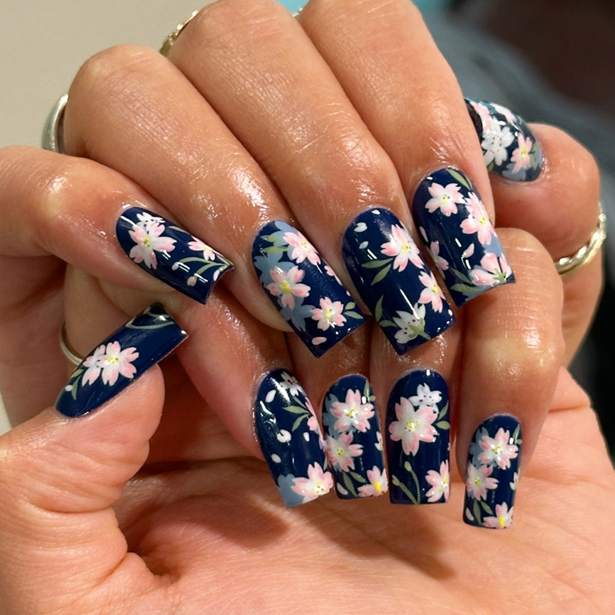 Blossom Dream Long Square Navy Floral Press On Nail Set
