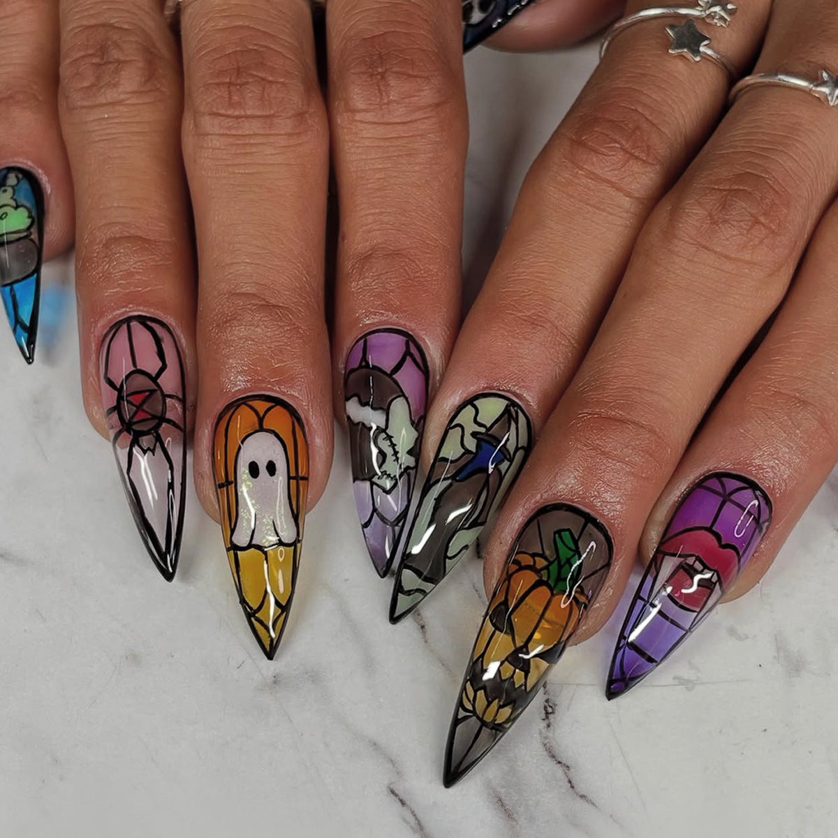 Spooky Stiletto Long Colorful Ghostly Nail Set with Unique Stained Glass Design