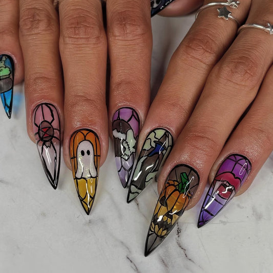 Spooky Stiletto Long Colorful Ghostly Nail Set with Unique Stained Glass Design