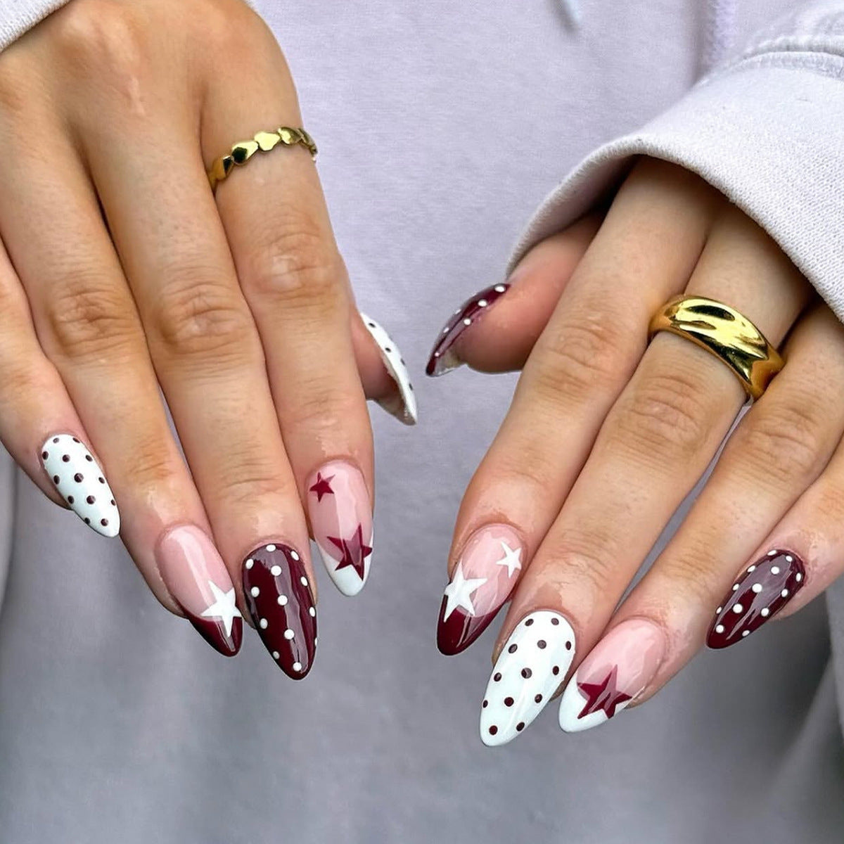 Celestial Chic Medium Almond Burgundy and White Press on Nail Set with Star Accents