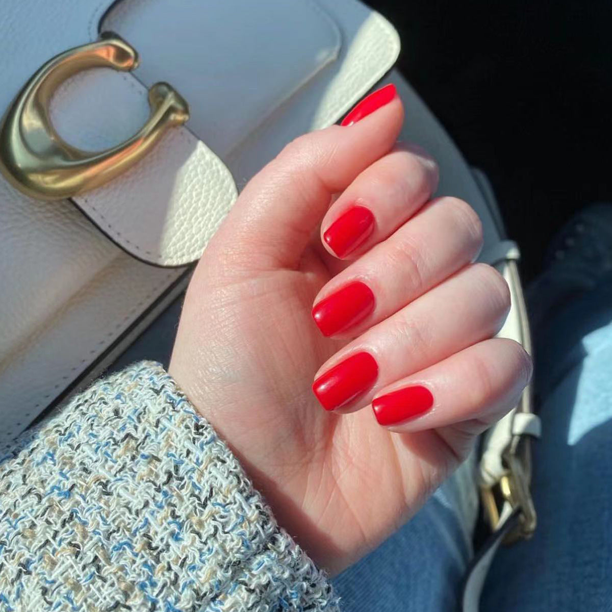 Glamorous Red Carpet Ready Medium Square Shape Ruby Red Press On Nail Set With Glossy Finish