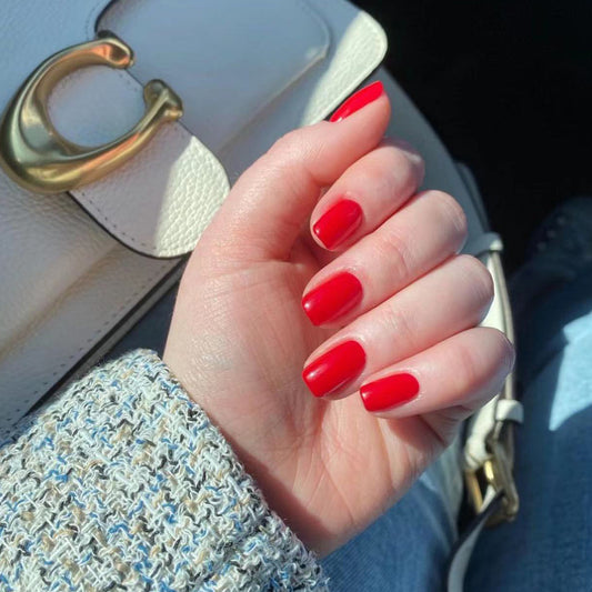 Glamorous Red Carpet Ready Medium Square Shape Ruby Red Press On Nail Set With Glossy Finish