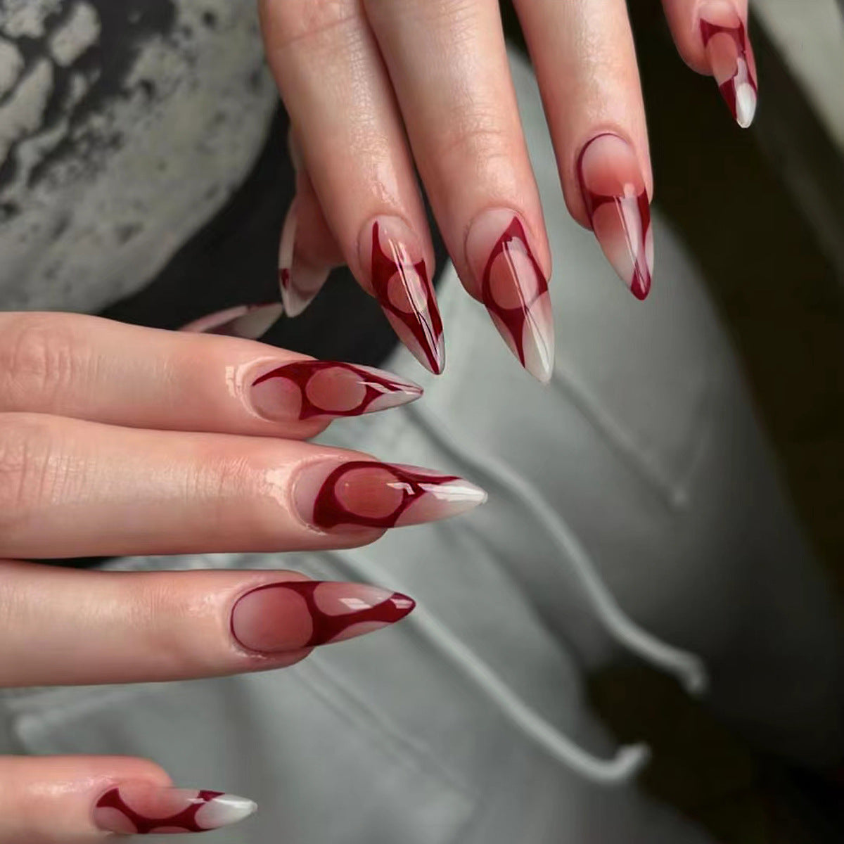 Mystical Blood Wave Medium Almond Red Marble Effect Press On Nail Set