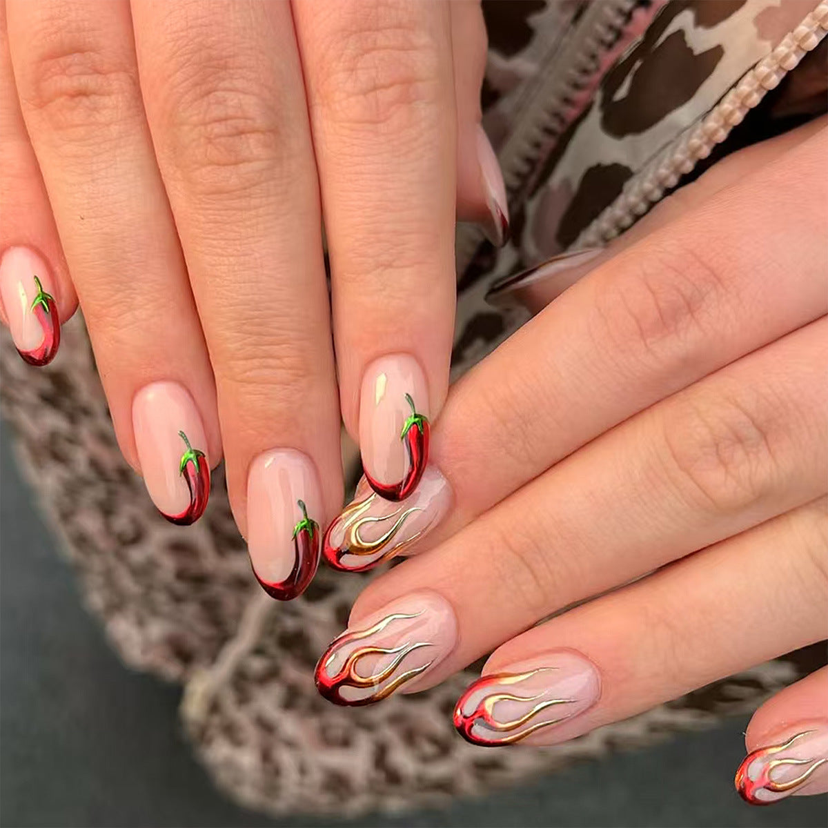 Fiery Chili Themed Short Oval Red Ombre with Flamed Accent Press-On Nail Set