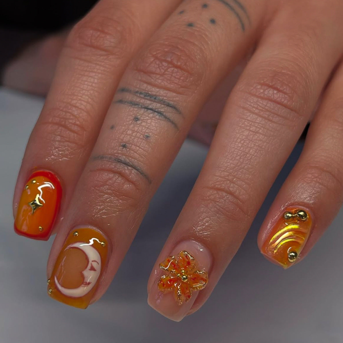 Sunset Vibes Short Square Orange with Unique Floral Design Press on Nail Set