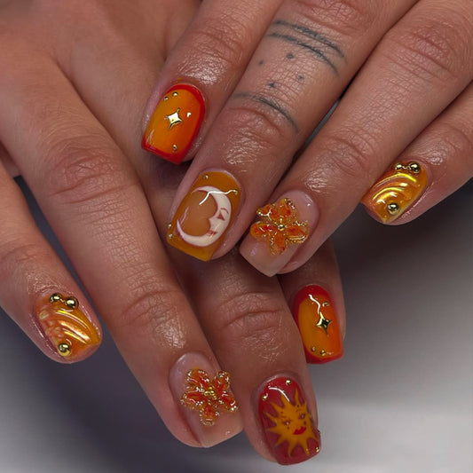 Sunset Vibes Short Square Orange Gradient with Artistic Accents Press On Nail Set