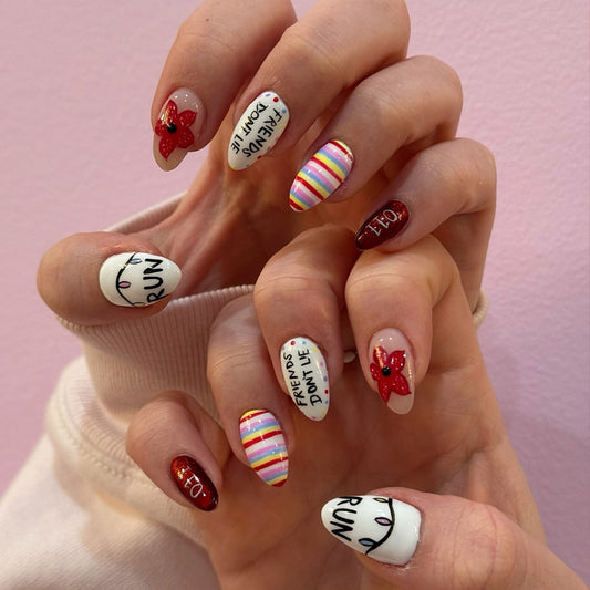 Festive Floral Medium Almond Colorful Patterned Press On Nail Set