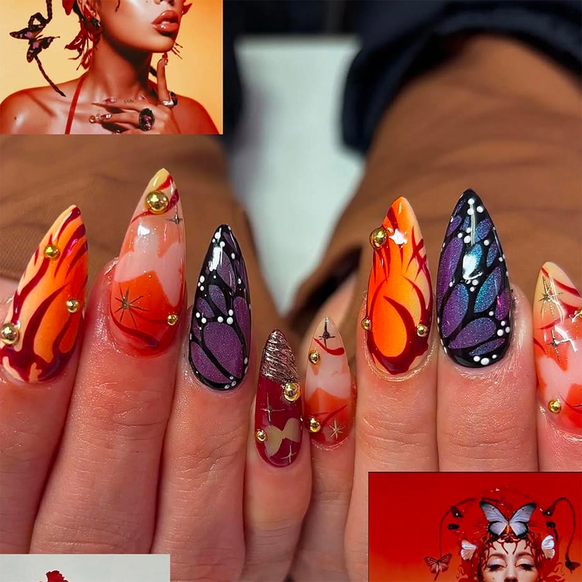 Vibrant Butterfly Inspired Medium Almond Orange and Purple Press On Nail Set with Artistic Details