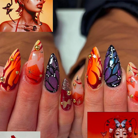 Vibrant Butterfly Inspired Medium Almond Orange and Purple Press On Nail Set with Artistic Details