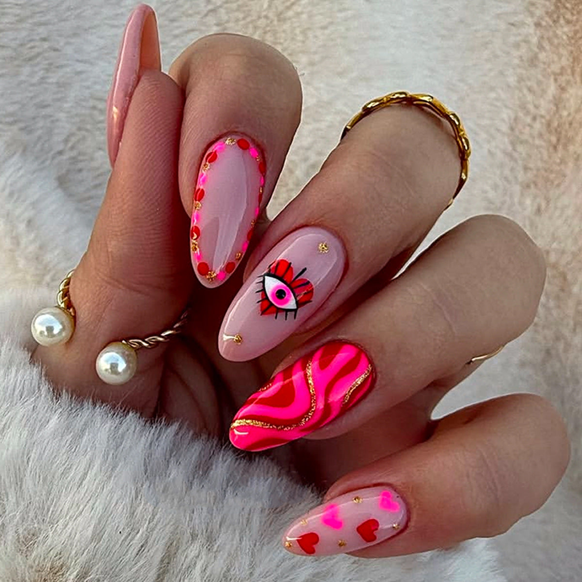Whimsical Dream Medium Almond Pink with Artistic Eye Design Press on Nail Set