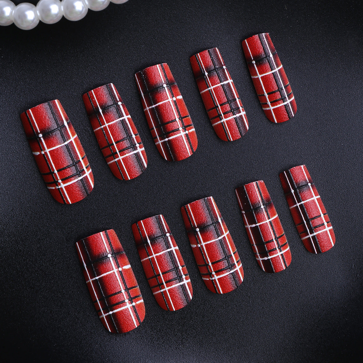 Plaid Elegance Long Square Red and Black Matte Press On Nail Set
