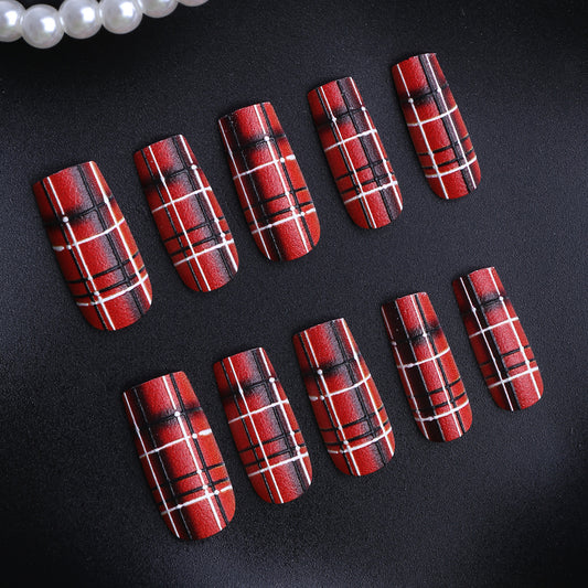 Plaid Elegance Long Square Red and Black Matte Press On Nail Set