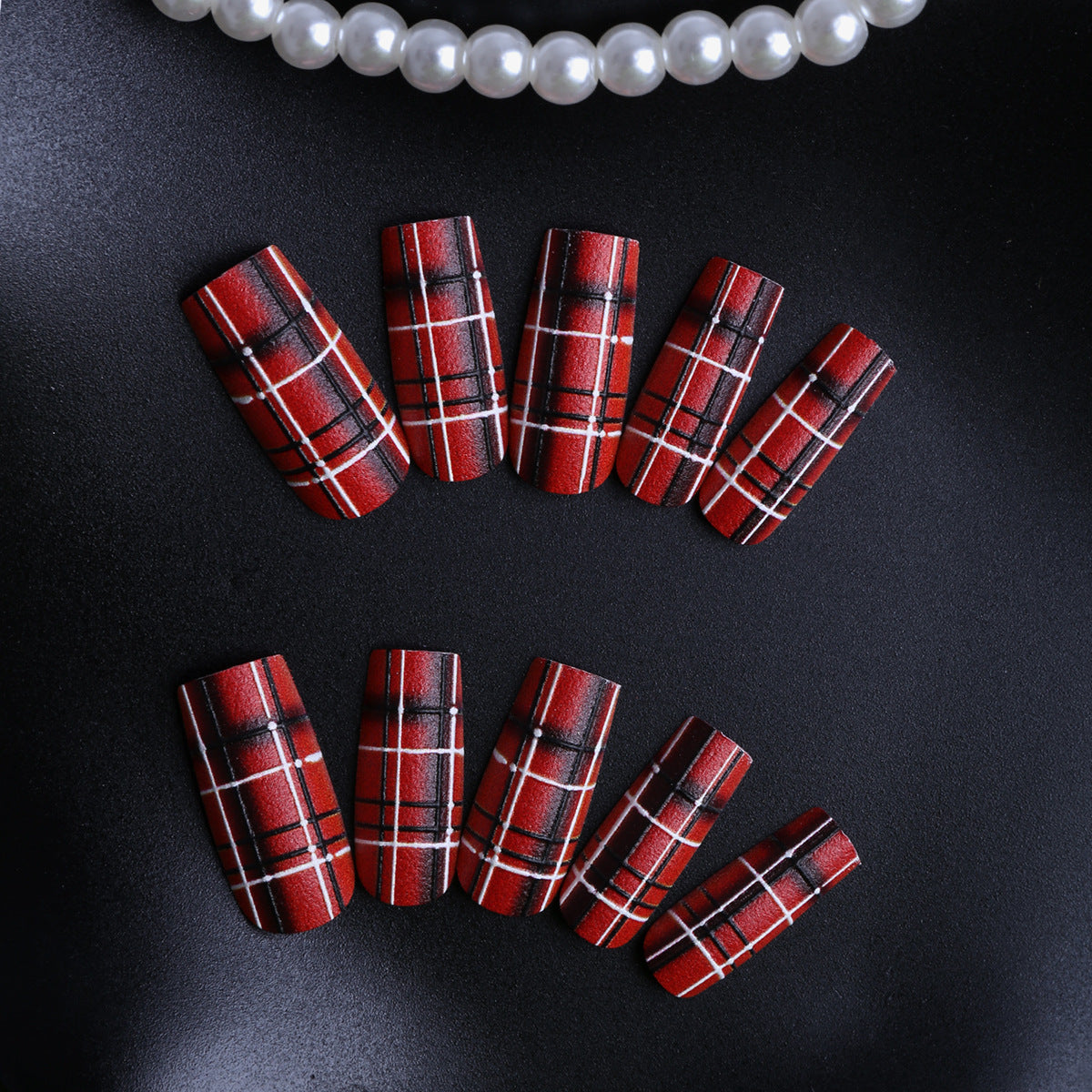 Chic tartan design long square red press on nail set with matte finish