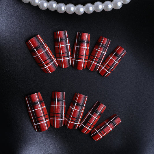 Chic tartan design long square red press on nail set with matte finish