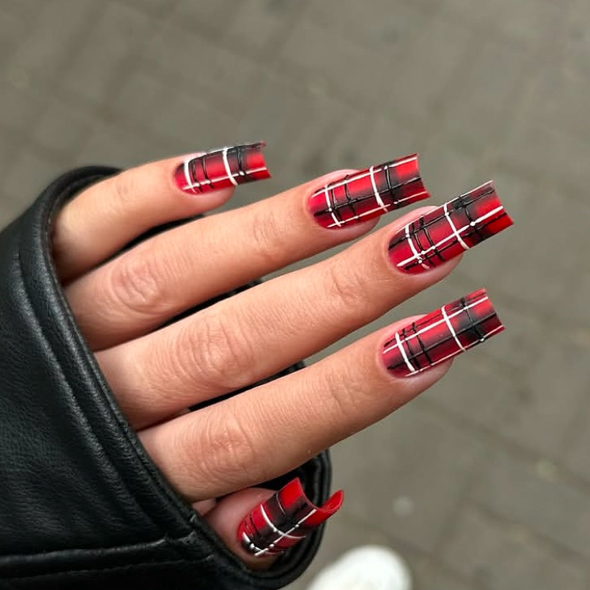 Chic Red Plaid Long Square Press-On Nail Set with Glossy Finish