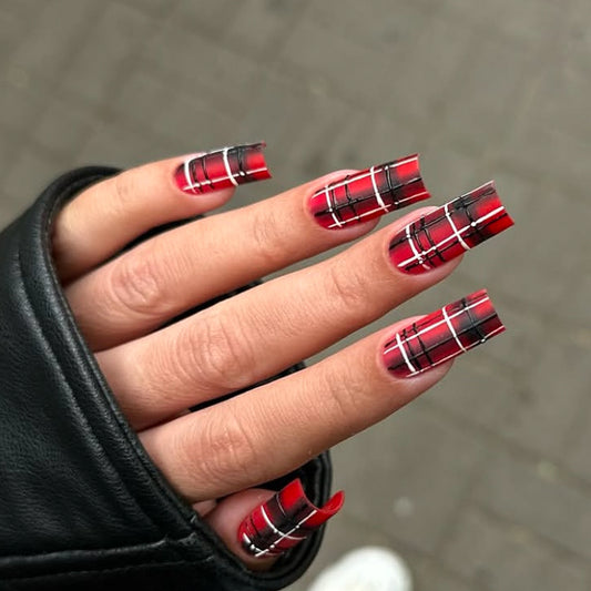 Chic Red Plaid Long Square Press-On Nail Set with Glossy Finish
