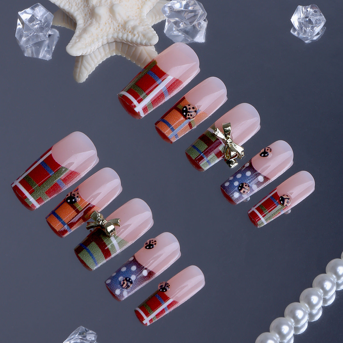 Cozy Autumn Long Square Orange Plaid Nails with Gold Accent Bow