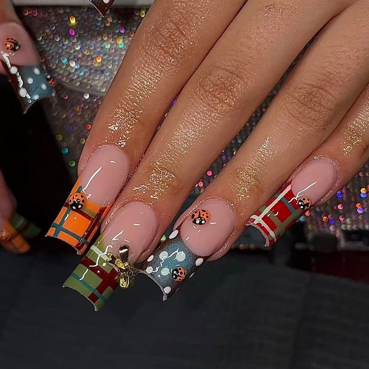 Ladybug Delight Long Square Colorful Design Press-On Nail Set