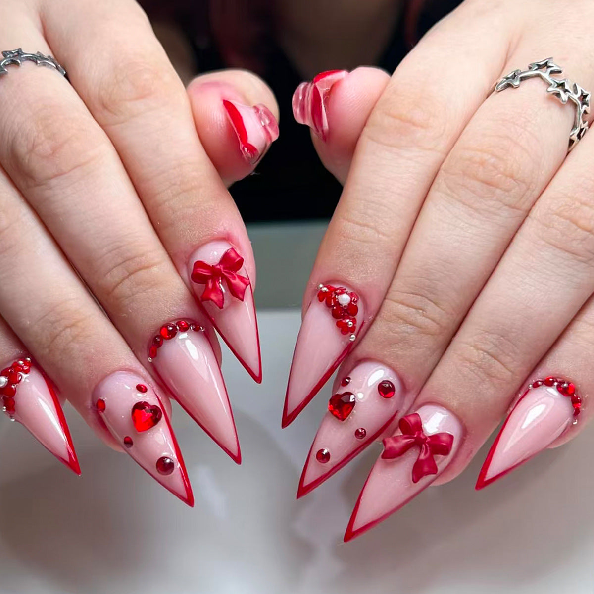 Romantic Stiletto Long Pink with Red Accents and Unique Bow Details Press on Nail Set