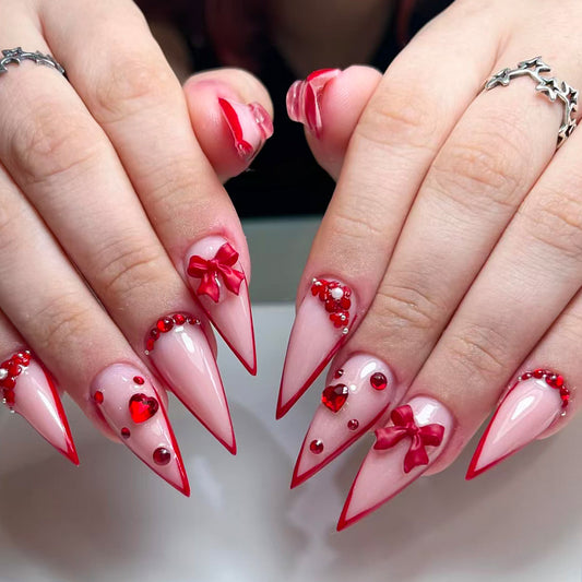 Romantic Stiletto Long Pink with Red Accents and Unique Bow Details Press on Nail Set