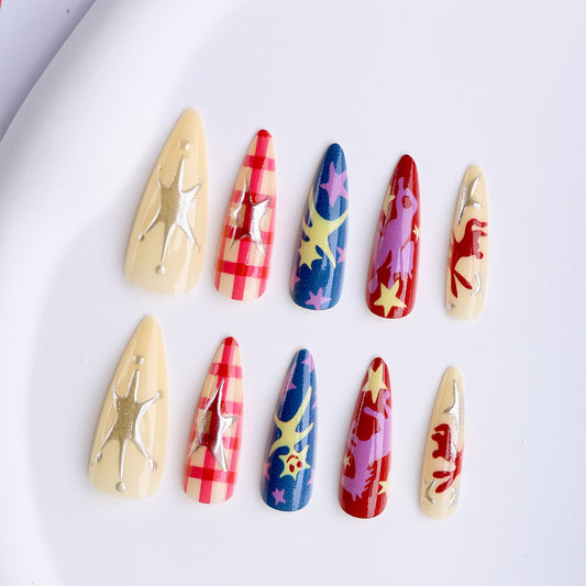 Cosmic Stardust Long Stiletto Multicolor Nail Set with Eye-Catching Star Designs