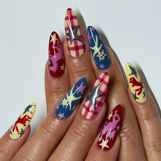 Whimsical Animal Print Long Stiletto Multicolor Nail Set with Unique Patterns