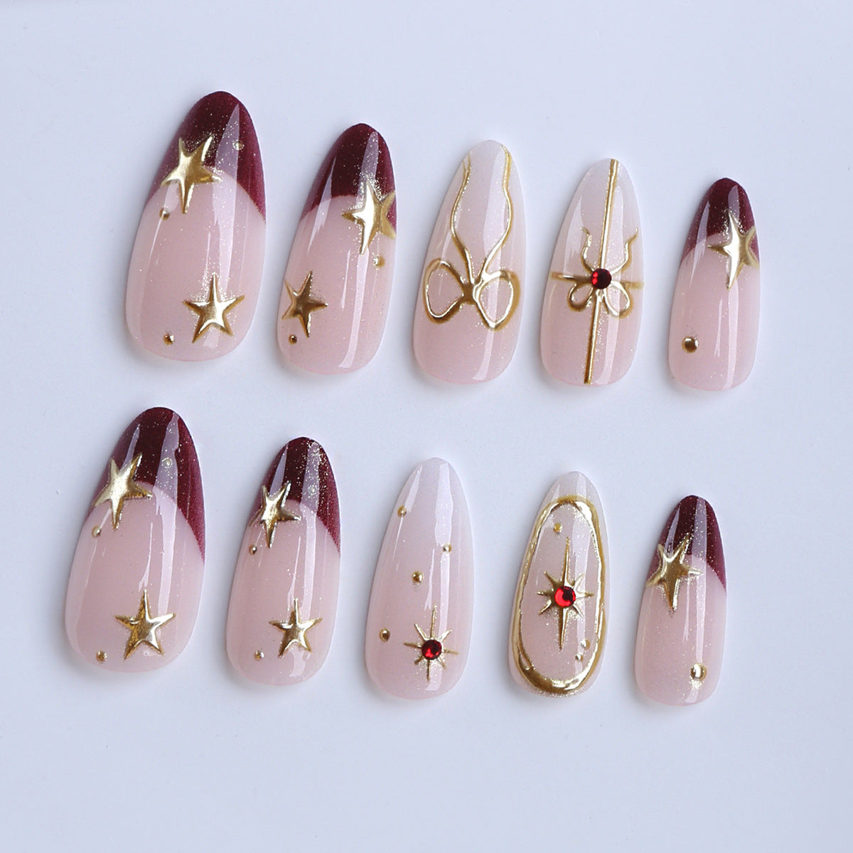Celestial Glamour Medium Almond Rose Gold Star Accented Press On Nail Set