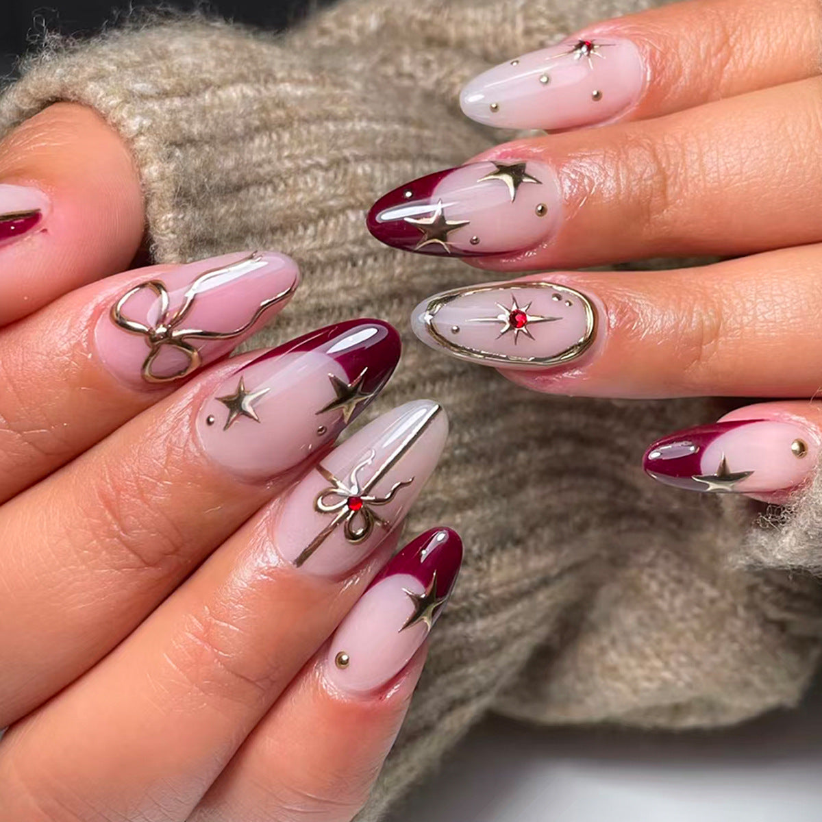 Celestial Glamour Medium Almond Burgundy Gradient with Star Accents Press On Nail Set