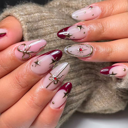 Celestial Glamour Medium Almond Burgundy Gradient with Star Accents Press On Nail Set