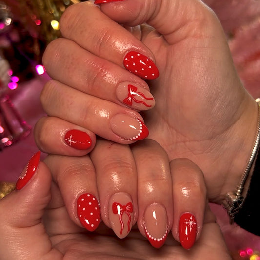 Festive Charm Medium Almond Red with Playful Bow Designs Press On Nail Set
