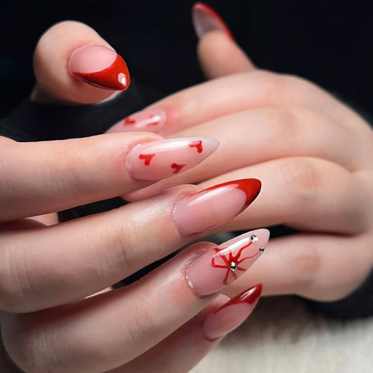 Romantic Vibes Medium Almond Red and Clear Nails with Heart Accents