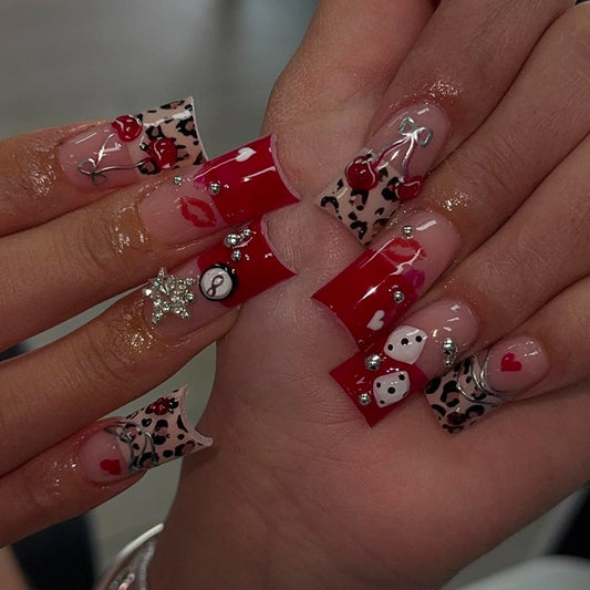 Charming Cherry Blossom Medium Square Red Nail Press Set with Unique Leopard Print Design