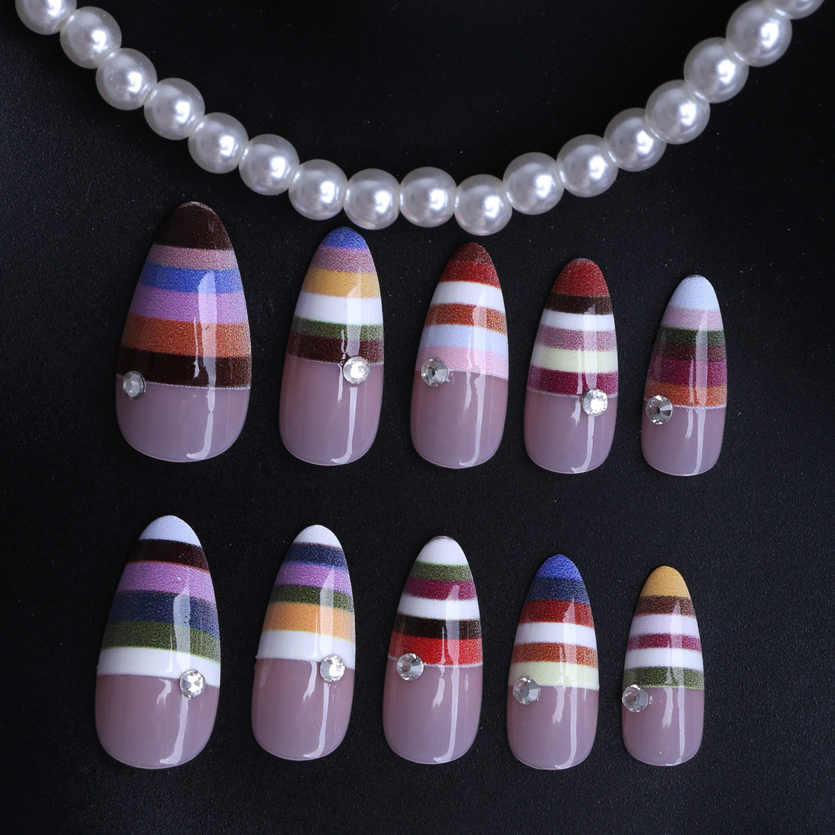 Bohemian Chic Medium Almond Multicolored Nail Set with Glitter Accents