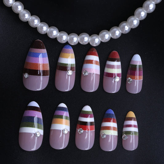 Bohemian Chic Medium Almond Multicolored Nail Set with Glitter Accents