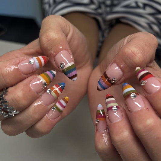 Vibrant Rainbow Stiletto Long Colorful Striped Press On Nail Set with Gem Accents
