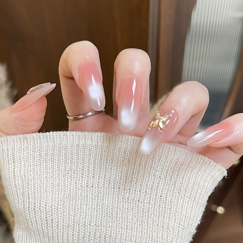 Magical Ombre Long Oval Pink Gradient Press-On Nail Set with Dazzling Gem Accent