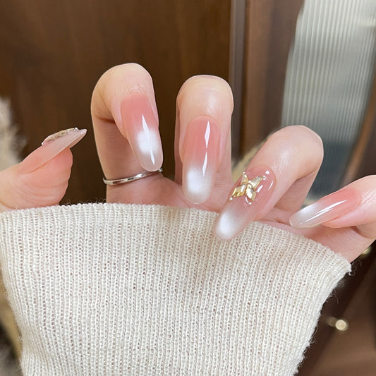 Magical Ombre Long Oval Pink Gradient Press-On Nail Set with Dazzling Gem Accent