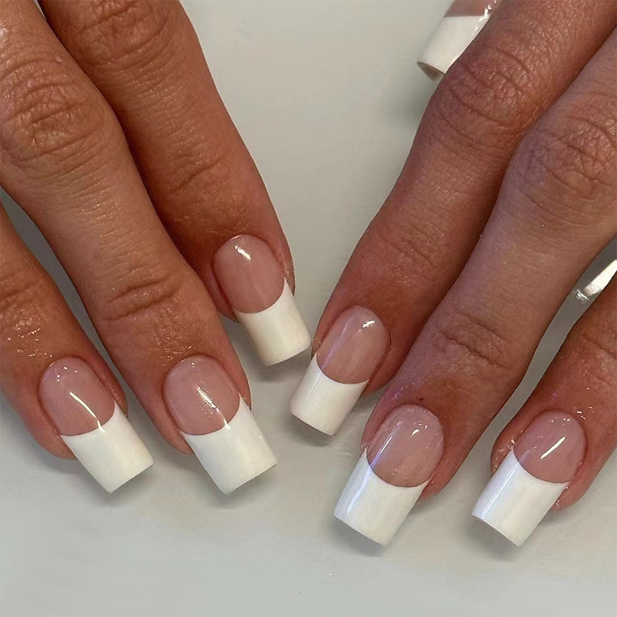 Elegant French Inspired Long Square White Tip Press On Nail Set with Glossy Finish