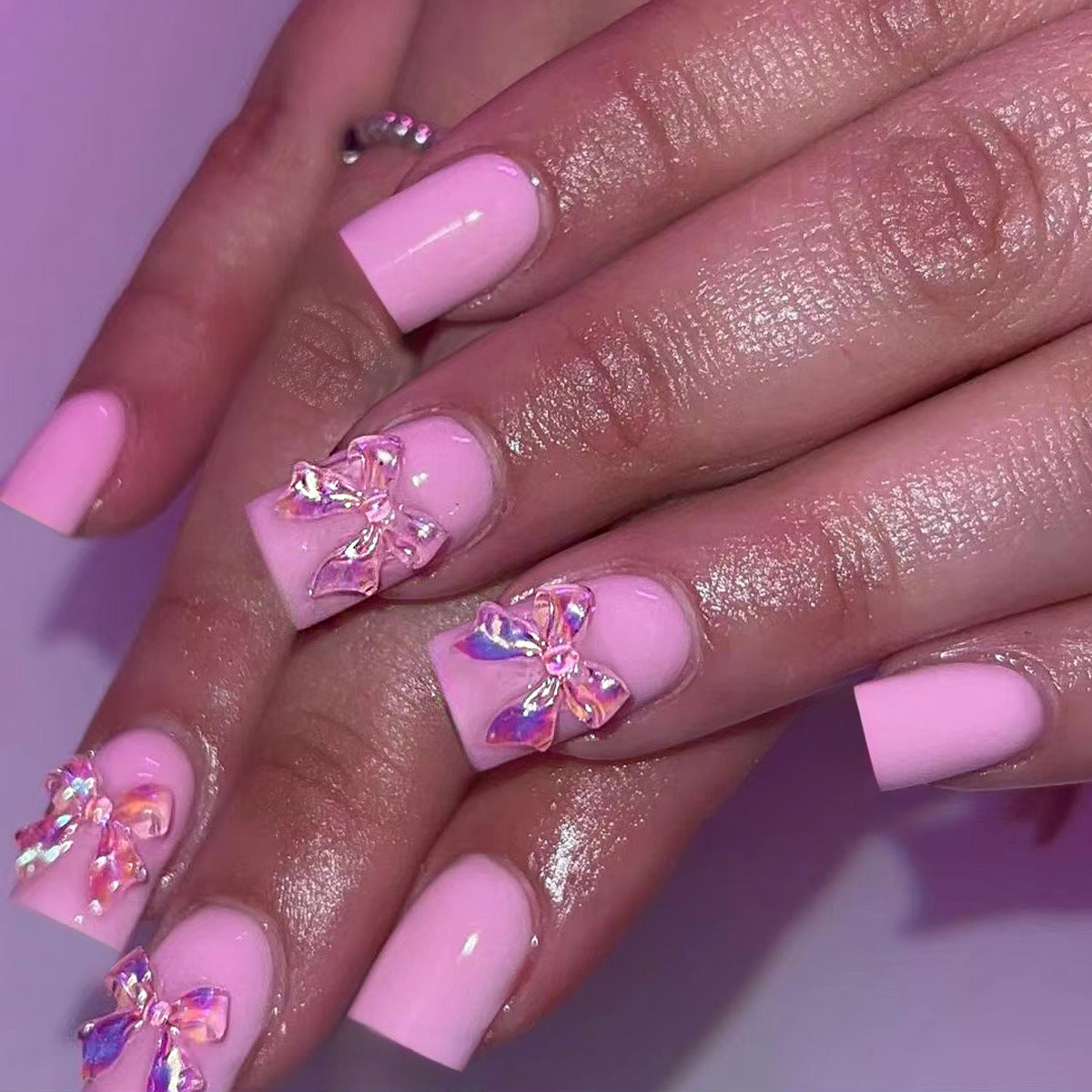 Charming Blossom Press On Nail Set Medium Square Pink with Iridescent Bow Accent