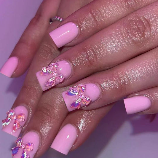 Charming Blossom Press On Nail Set Medium Square Pink with Iridescent Bow Accent