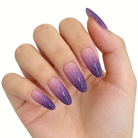Mystical Dream Ombre Long Almond Gradient Purple Nail Set with Shimmering Finish
