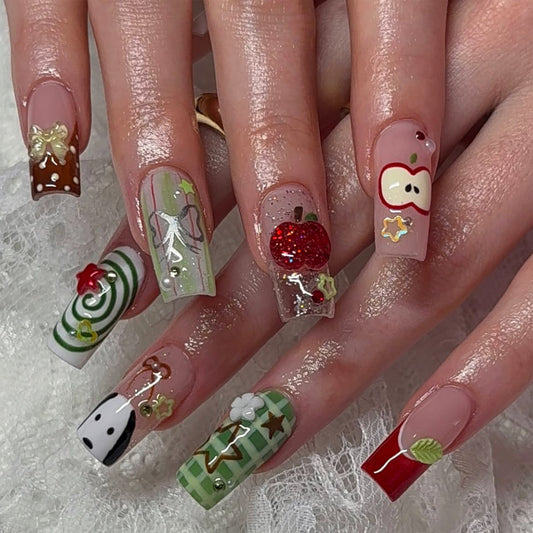 Festive Medium Square Multicolor with Unique Holiday Designs Press-On Nail Set