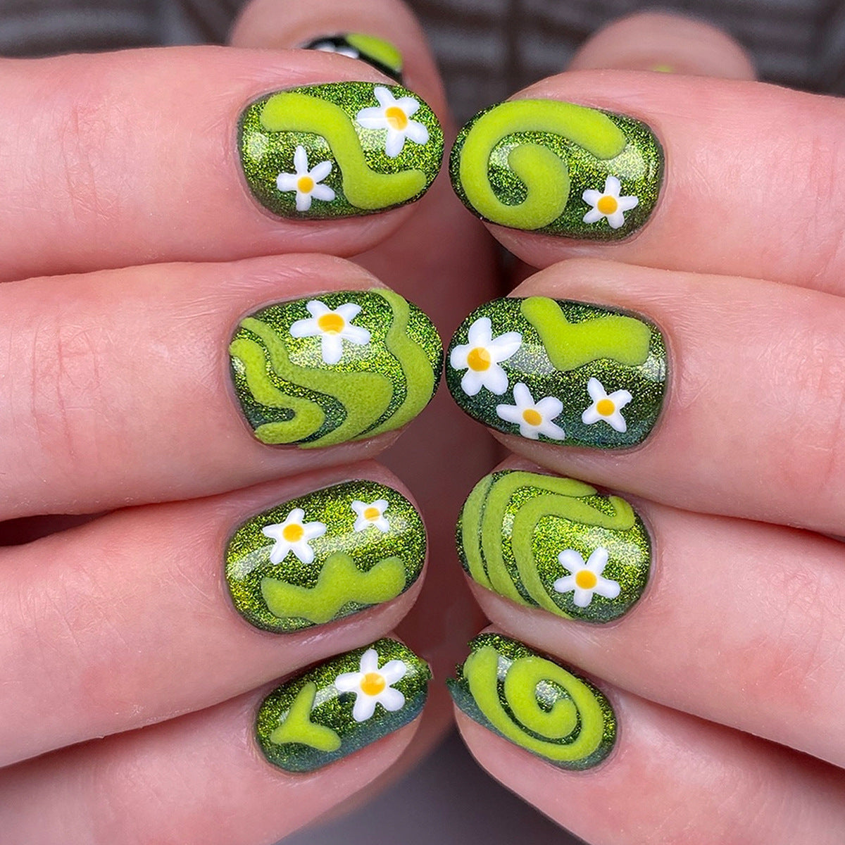 Botanical Bliss Short Squoval Green with Floral Accents Press on Nail Set